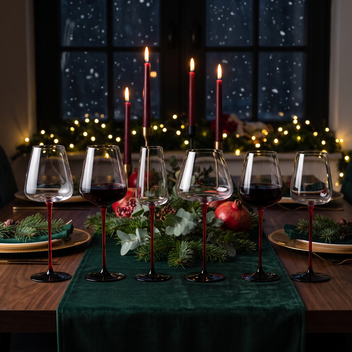 Scarlet Stem glasses set along a dark Christmas dinner table, snow falling beyond the window