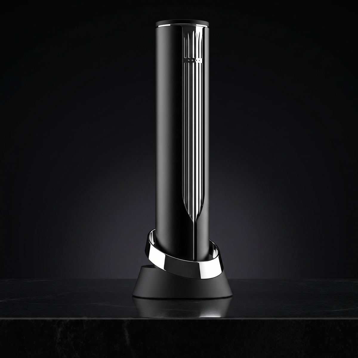 Column Electric Corkscrew in polished chrome on its charging base, studio shot on black