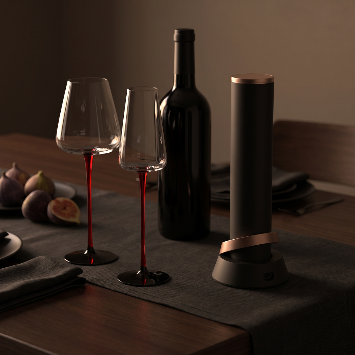The Column on a dressed dinner table beside Scarlet Stem crystal glasses and a wine bottle