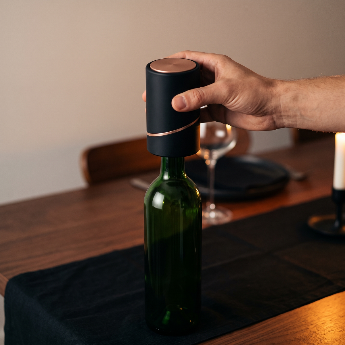 A hand lifting the Column off the neck of a wine bottle at a candlelit table