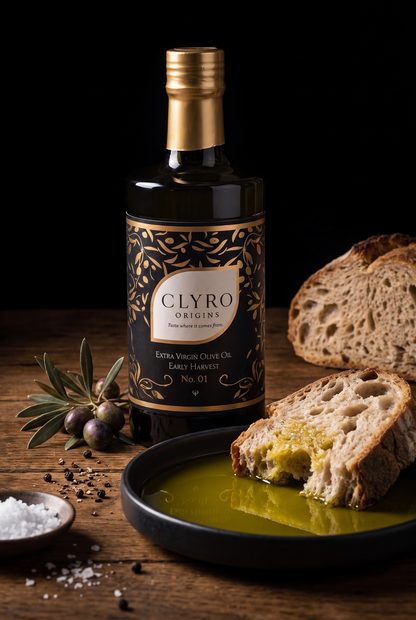 Early harvest olive oil poured into a black dish with torn sourdough, flaky salt and cracked pepper on a dark oak table