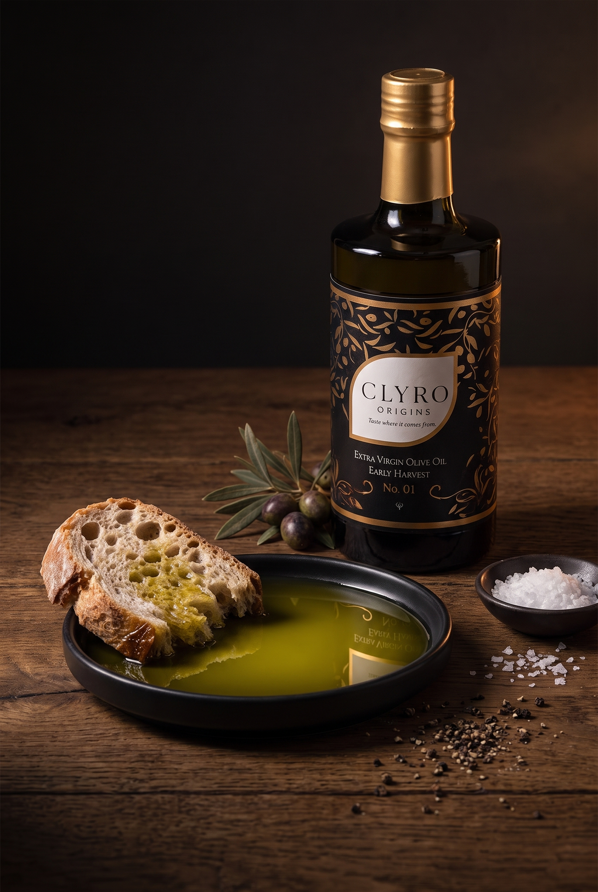 Bread dipped in early harvest olive oil beside the bottle, salt and pepper on dark oak