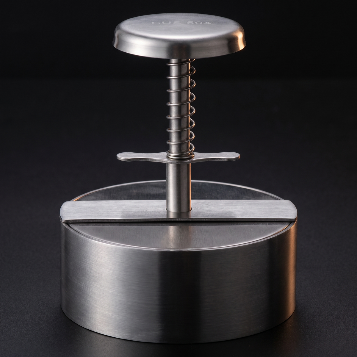 Piston Burger Press in brushed stainless steel, sprung plunger and ten centimetre ring