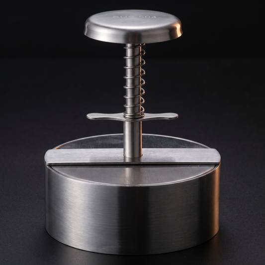 Piston Burger Press in brushed stainless steel, sprung plunger and ten centimetre ring