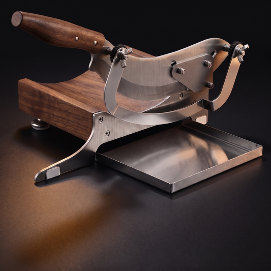 Charcuterie Guillotine — walnut base and brushed stainless blade