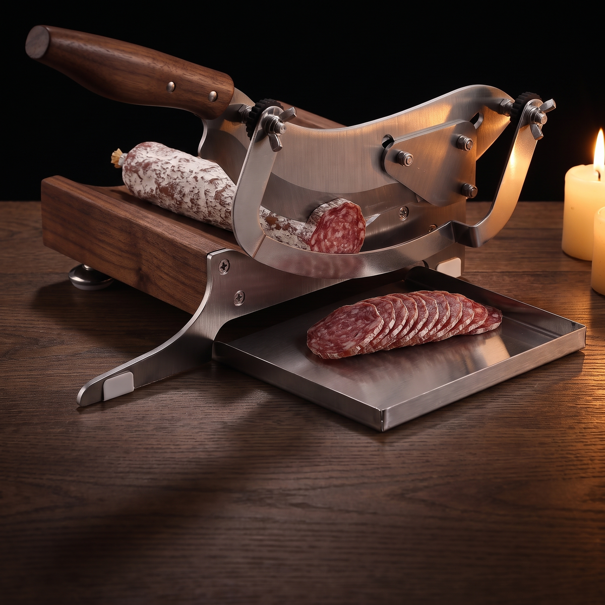 Charcuterie Guillotine slicing a dry-cured salami into even slices