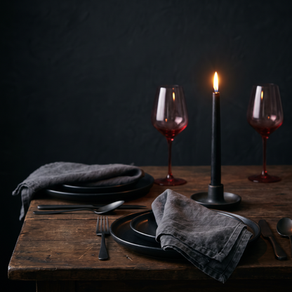 Napkins laid at two dark place settings by candlelight
