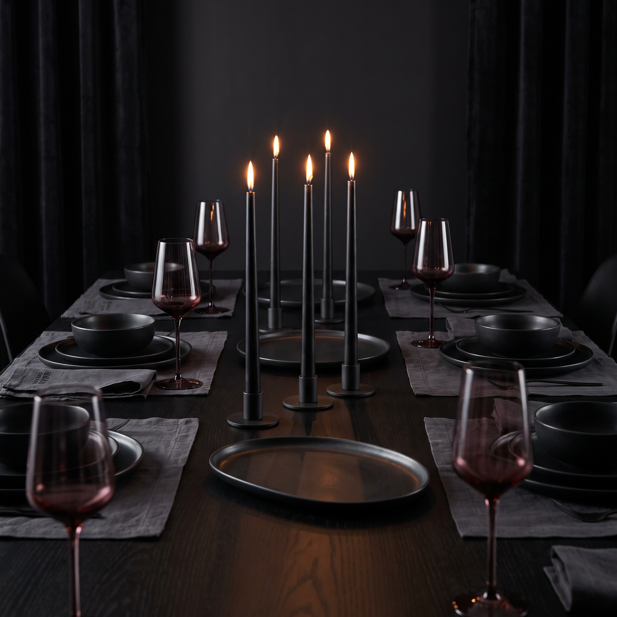 Black tapers burning down a long dressed table