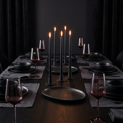 Black tapers burning down a long dressed table