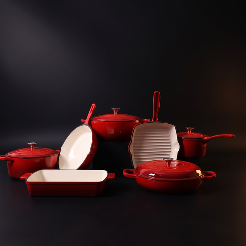 The Foundry Set in Red — seven-piece enameled cast iron cookware set