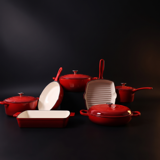 The Foundry Set in Red — seven-piece enameled cast iron cookware set